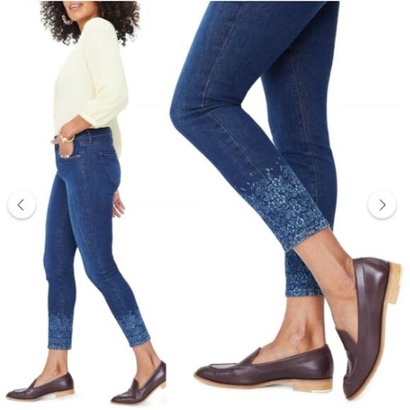 NYDJ Skinny Ankle Jeans 14 Ikat Floral Print Hem In Indigo Dark Wash Boho Casual - Picture 1 of 15